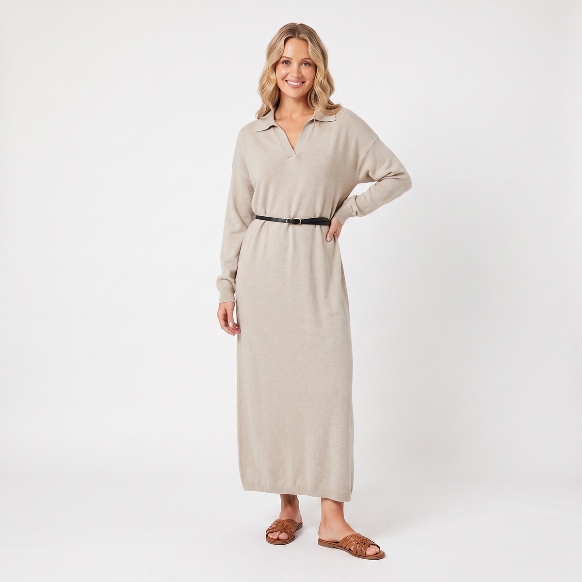 Women's Knit Polo Collar Maxi Dress Long Sleeve Relaxed Fit Sweater Dress
