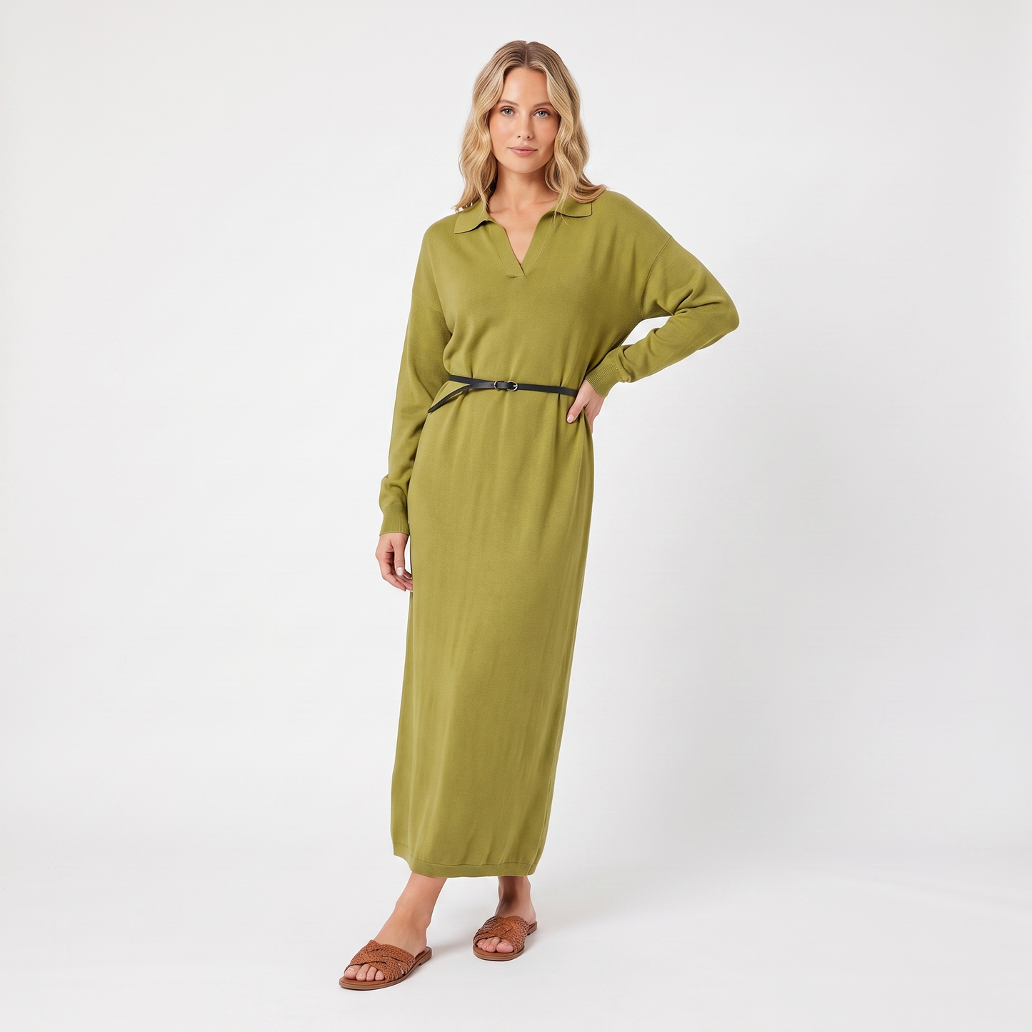 Women's Knit Polo Collar Maxi Dress Long Sleeve Relaxed Fit Sweater Dress