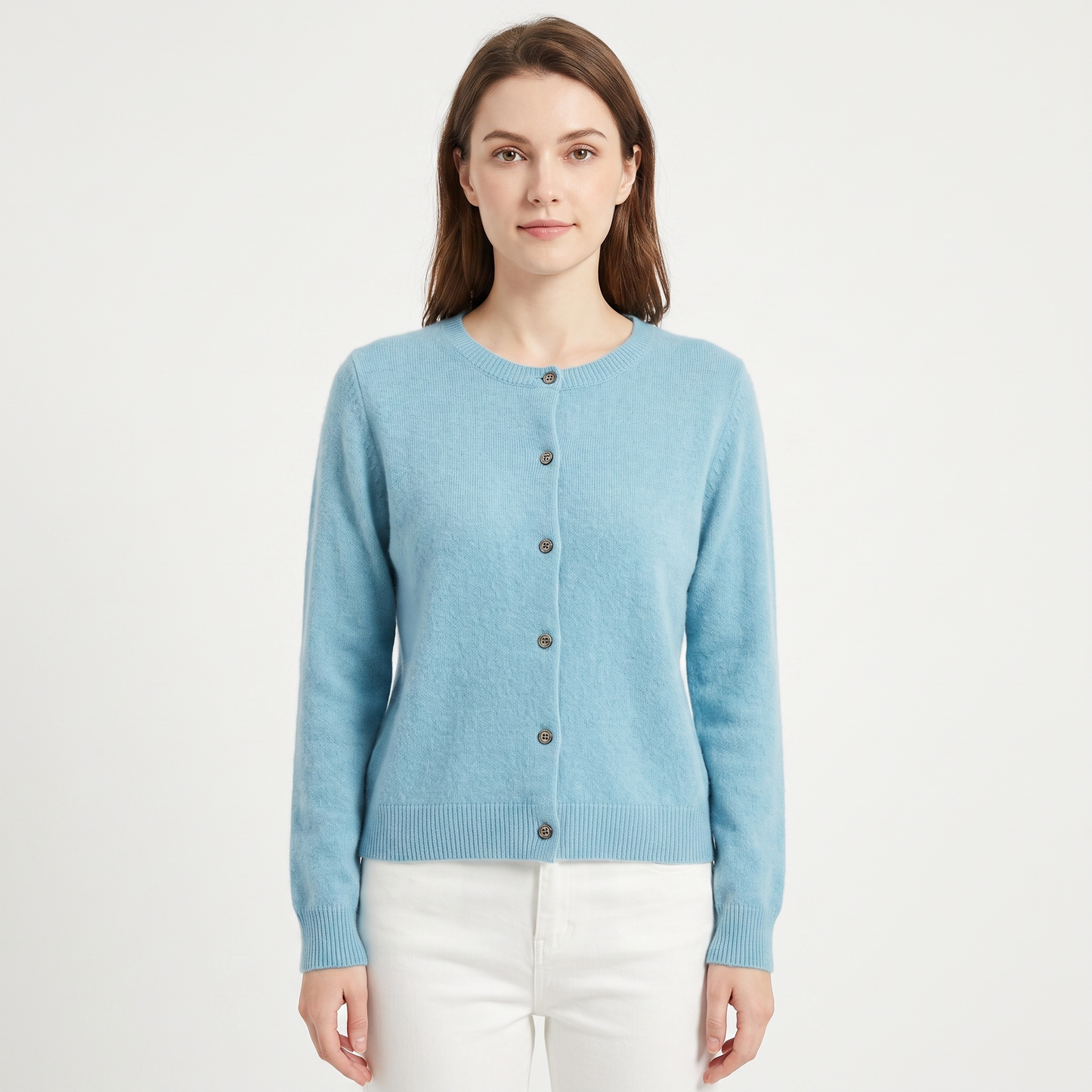 Women's Wool Knit Cardigan Crew Neck Button-Up Long Sleeve Sweater