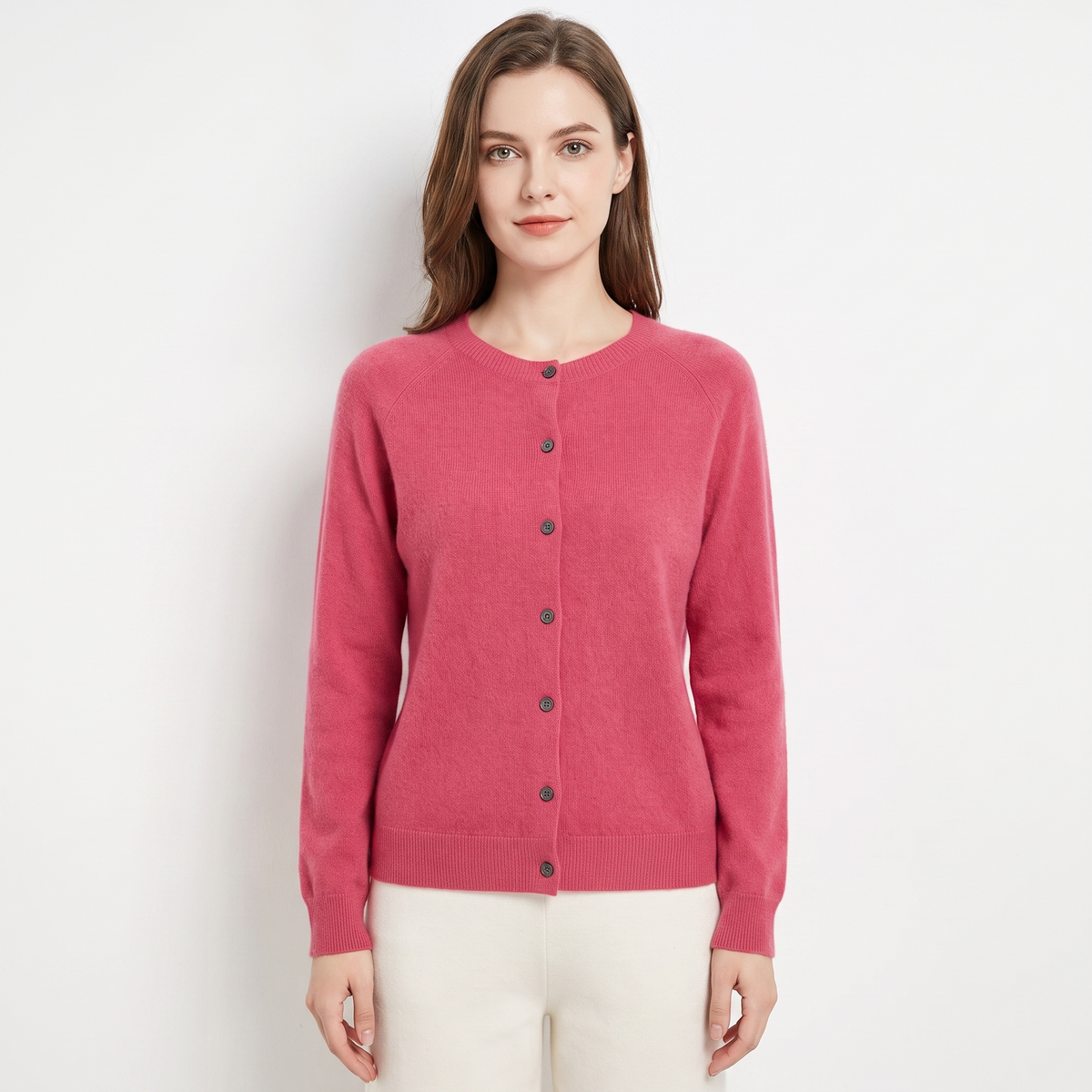 Women's Wool Knit Cardigan Crew Neck Button-Up Long Sleeve Sweater