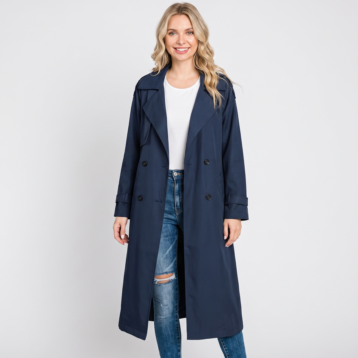 Women's Long Trench Coat Double-Breasted Belted Oversized Lapel Jacket