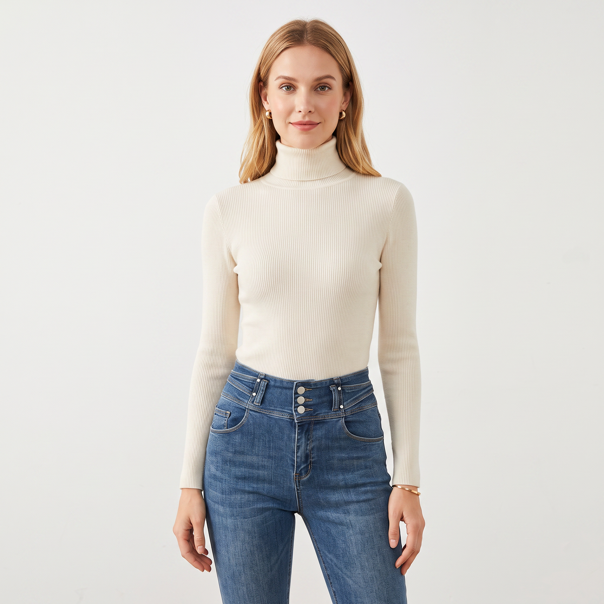 Women's Turtleneck Ribbed Knit Sweater Slim-Fit Long Sleeve Pullover