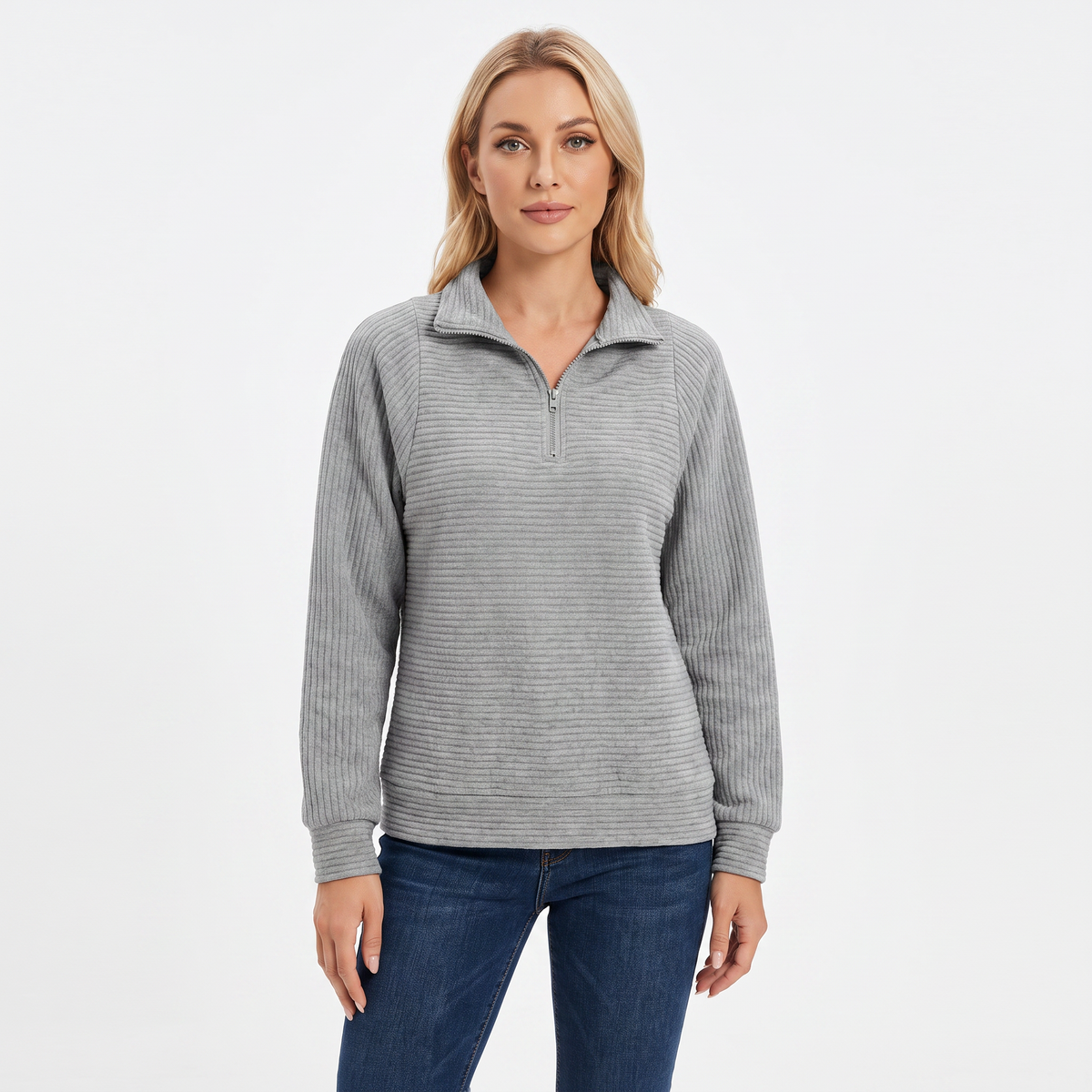 Women's Quarter-Zip Sweatshirt Textured Rib Knit Stand Collar Pullover