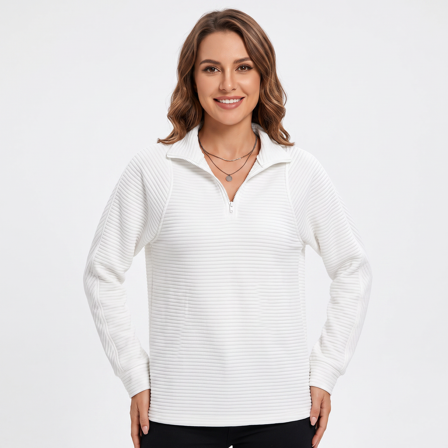 Women's Quarter-Zip Sweatshirt Textured Rib Knit Stand Collar Pullover