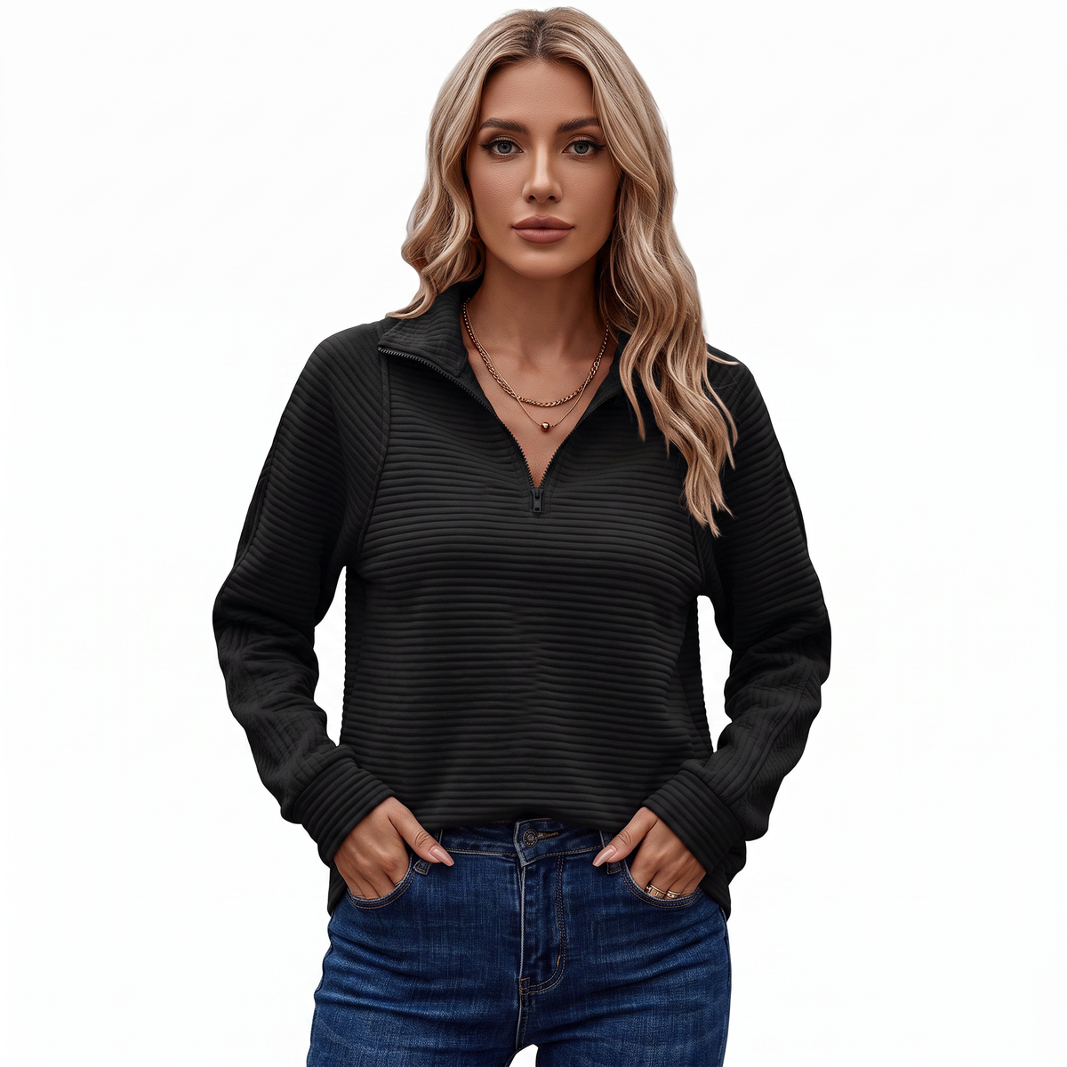 Women's Quarter-Zip Sweatshirt Textured Rib Knit Stand Collar Pullover