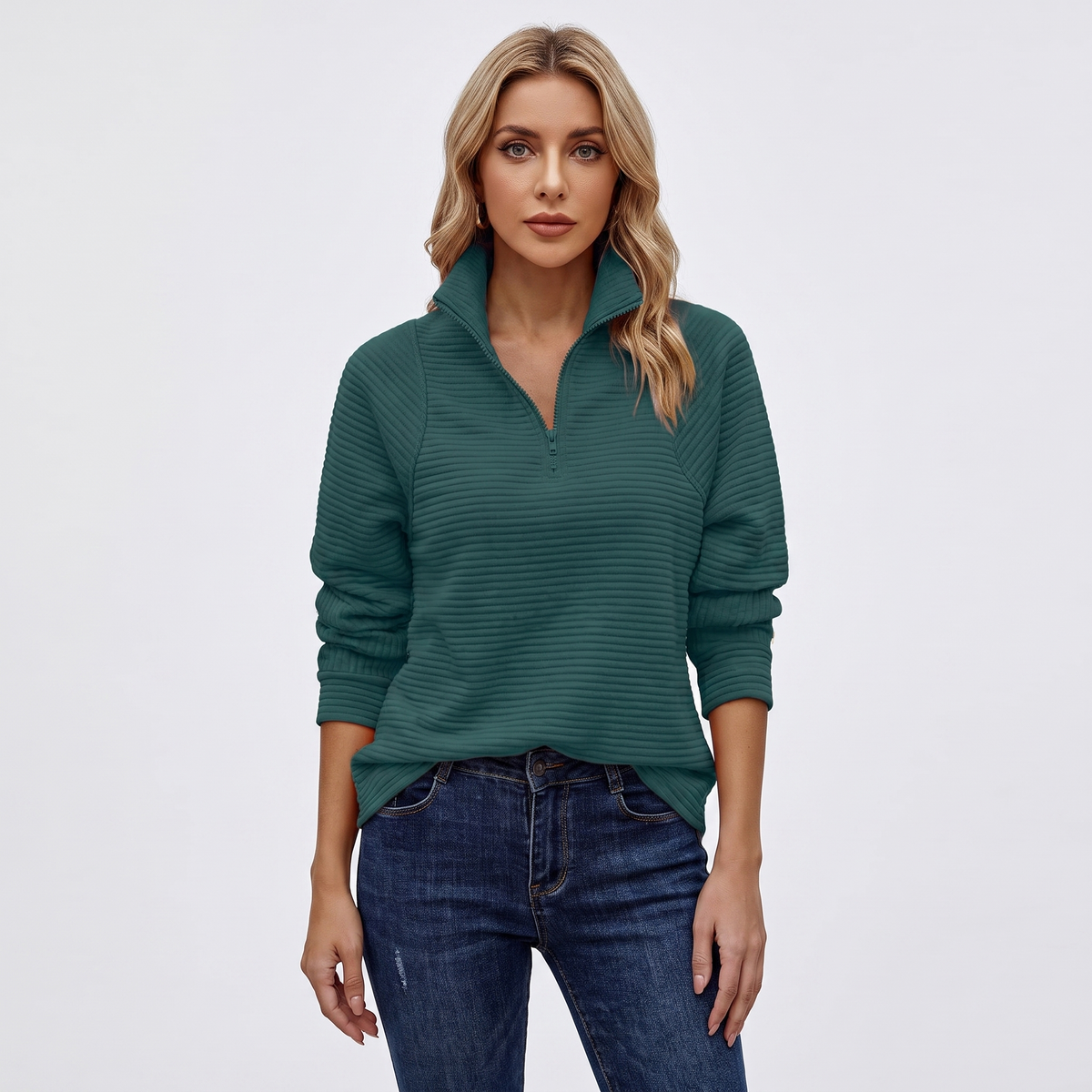Women's Quarter-Zip Sweatshirt Textured Rib Knit Stand Collar Pullover
