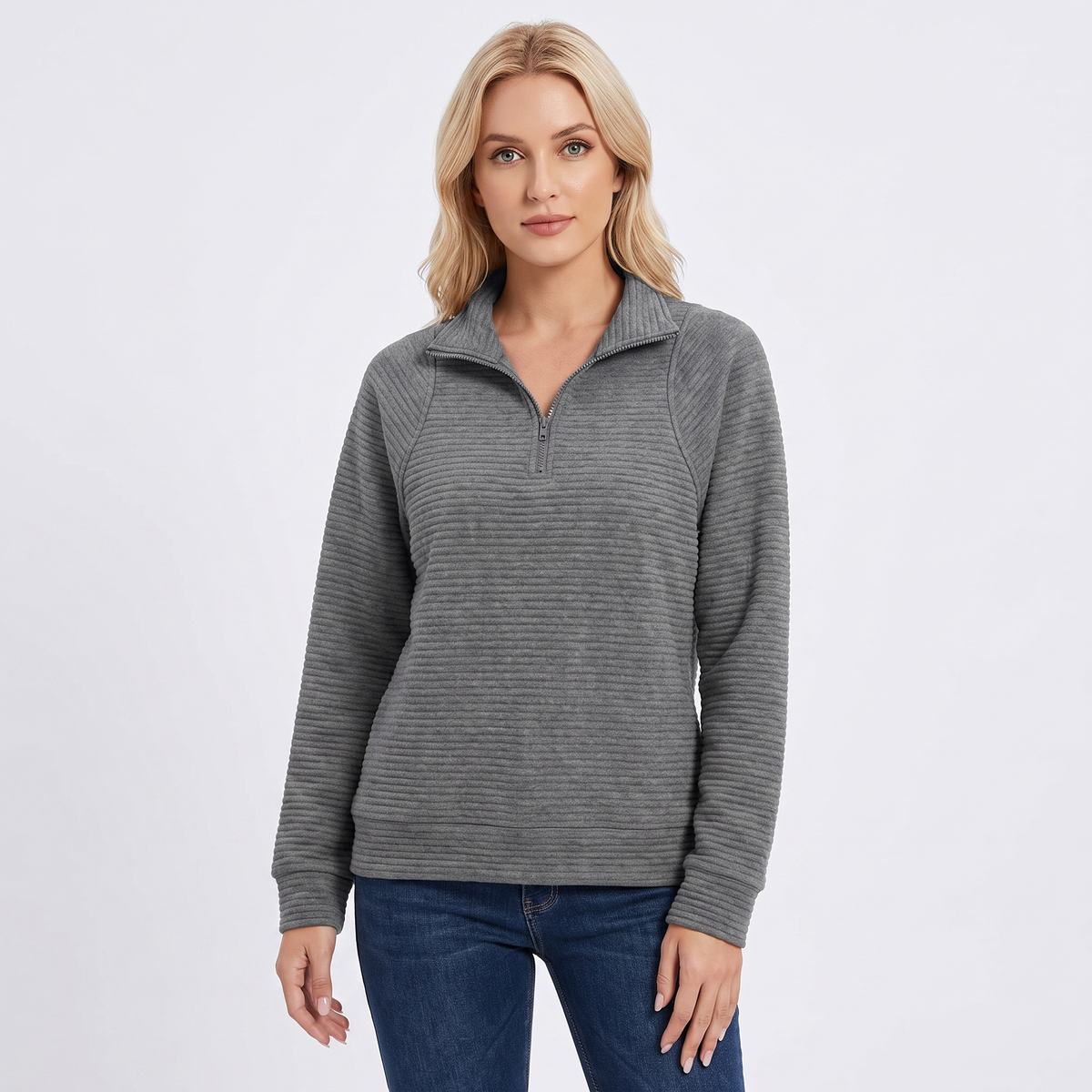 Women's Quarter-Zip Sweatshirt Textured Rib Knit Stand Collar Pullover