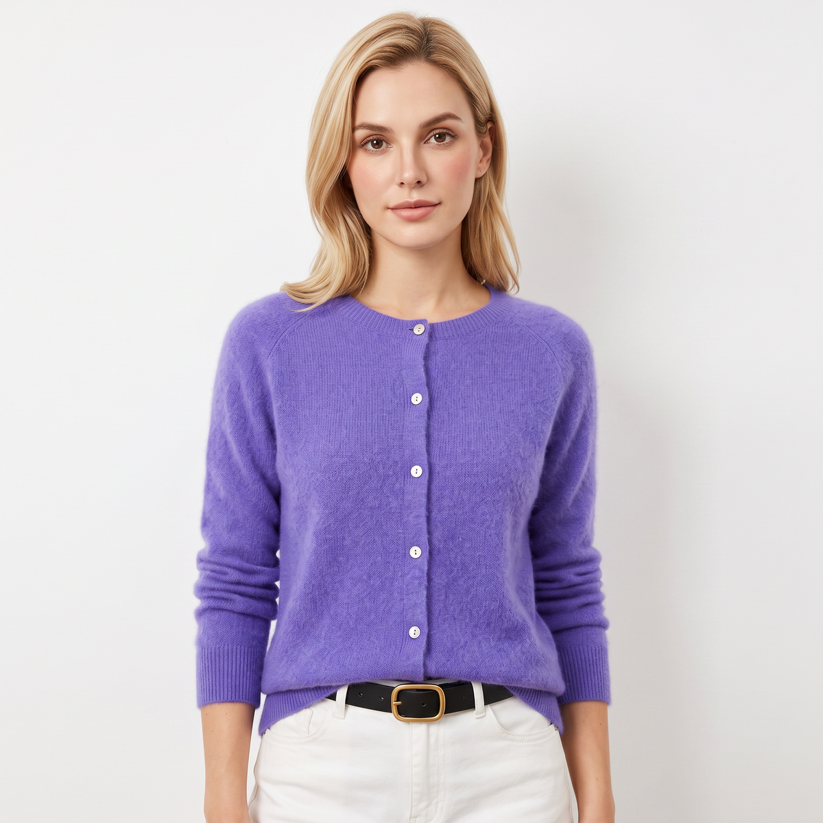 Women's Button-Front Cardigan Crew Neck Knit Sweater Slim Fit