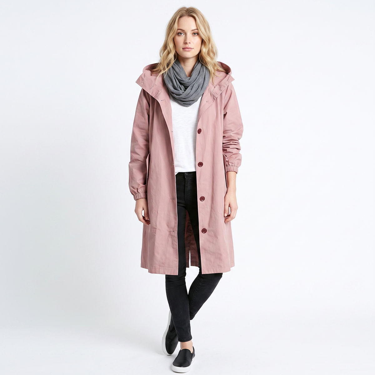 Women's Long Hooded Trench Coat Oversized Button-Front Casual Jacket