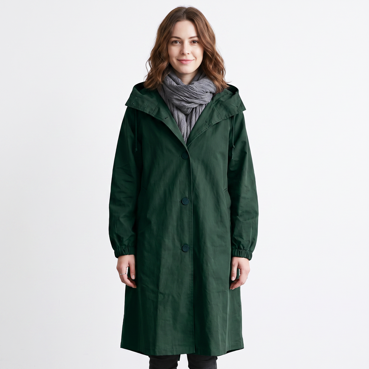Women's Long Hooded Trench Coat Oversized Button-Front Casual Jacket