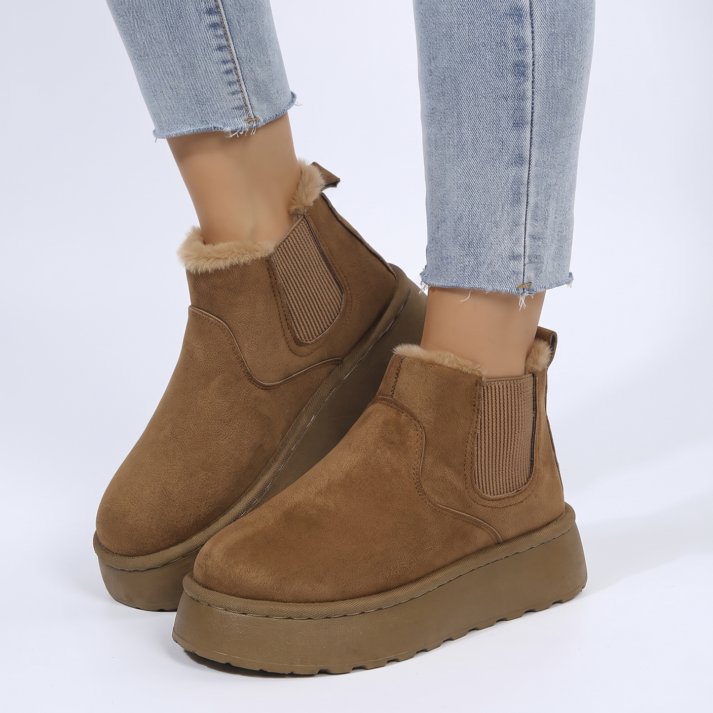 Women's Fur Lined Chelsea Boots Platform Suede Ankle Boots