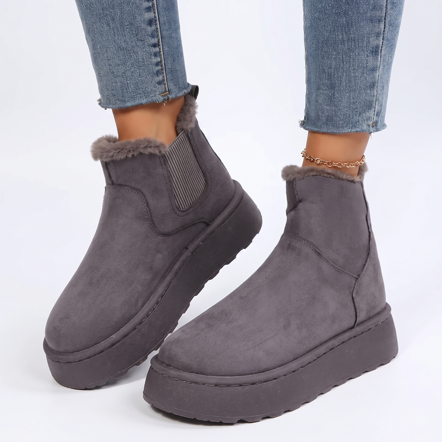 Women's Fur Lined Chelsea Boots Platform Suede Ankle Boots