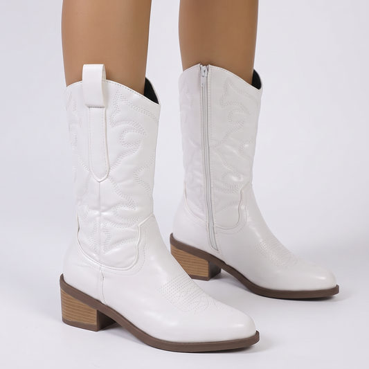 Women's Western Cowboy Boots Embroidered Mid Calf Block Heel