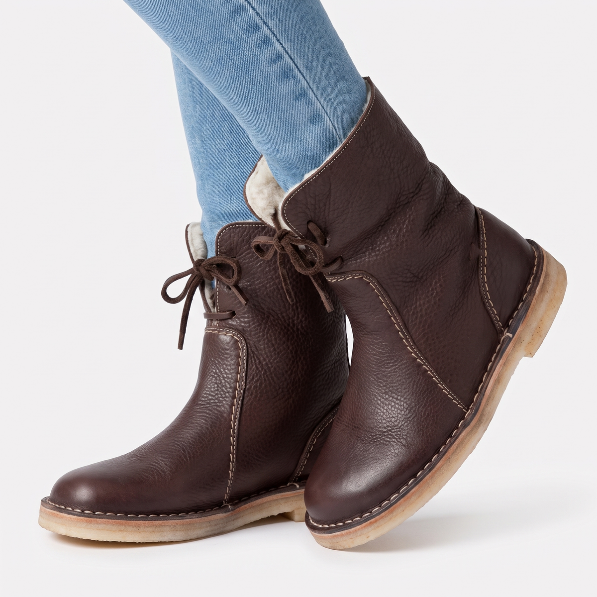 Women's Shearling Lined Leather Boots Lace-Up Mid Calf Winter Boots