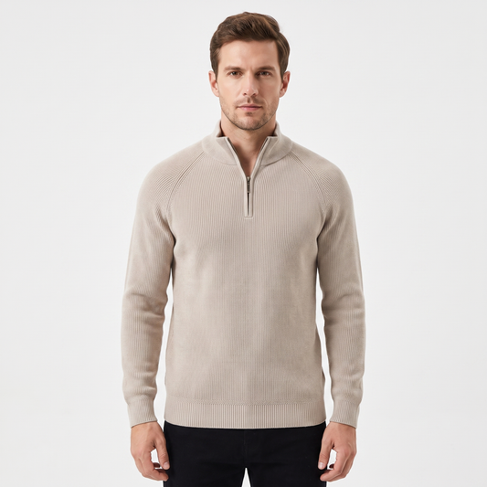Men's Quarter-Zip Winter Sweater Cotton Knit Stand Collar Pullover