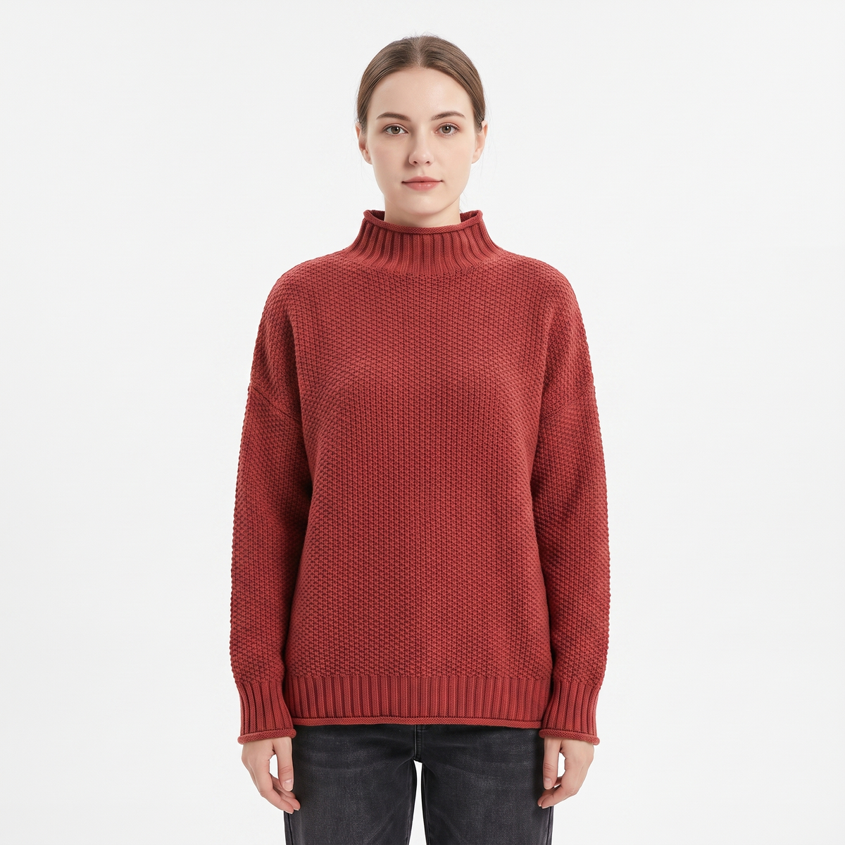 Women's Textured Knit Sweater Oversized Mock Neck Pullover