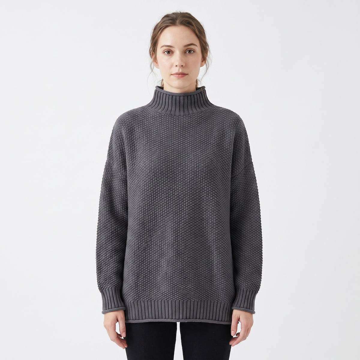 Women's Textured Knit Sweater Oversized Mock Neck Pullover