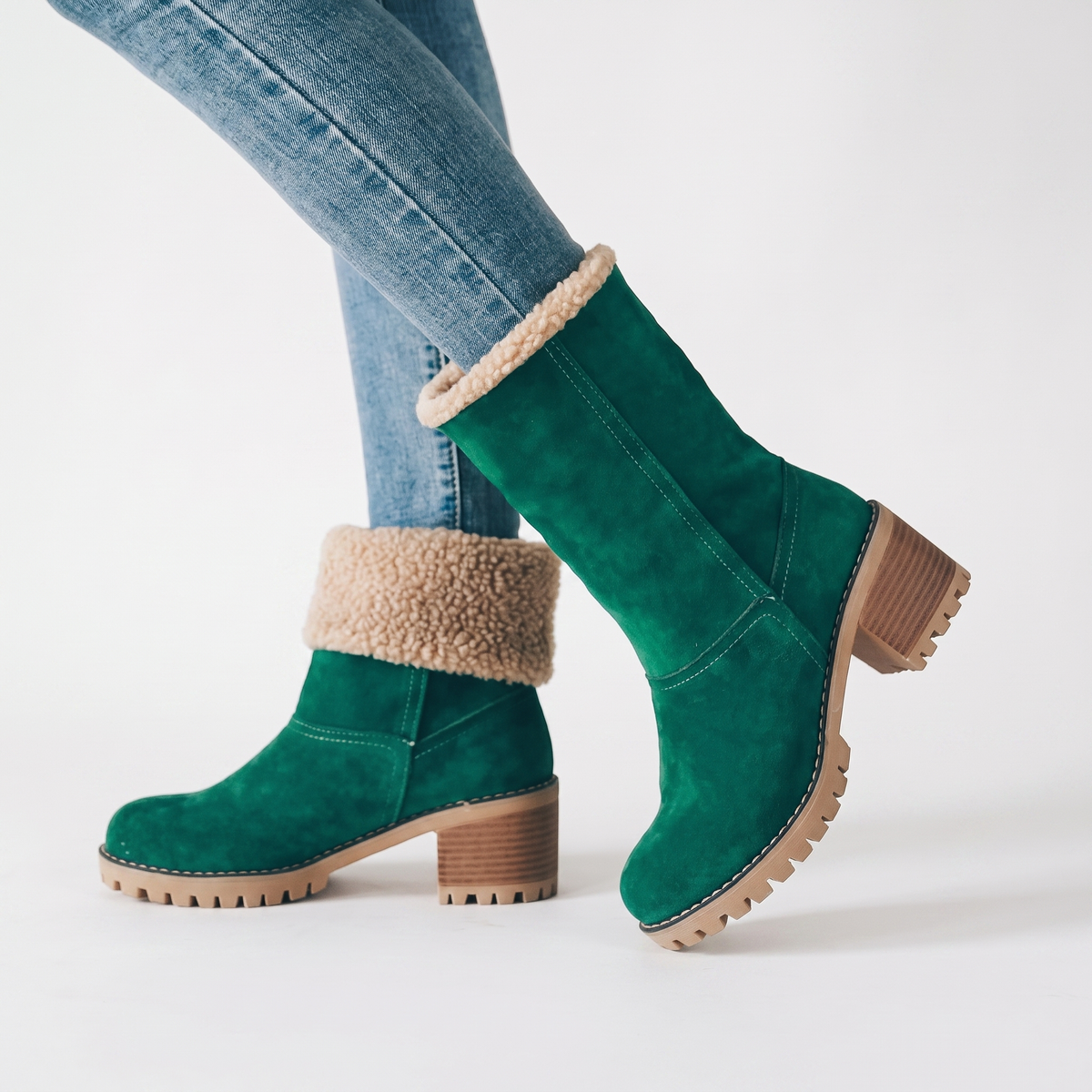 Women's Fur Cuff Ankle Boots Suede Block Heel Winter Booties