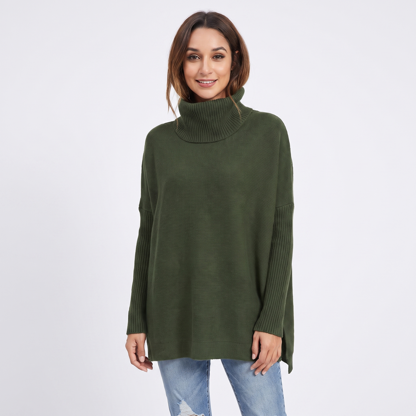 Women's Oversized Turtleneck Sweater Long Sleeve Side Slit Tunic