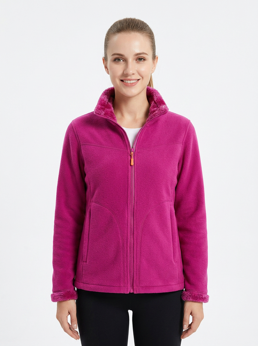 Women's Fleece Jacket Sherpa-Lined Stand Collar Zip-Up Winter Coat