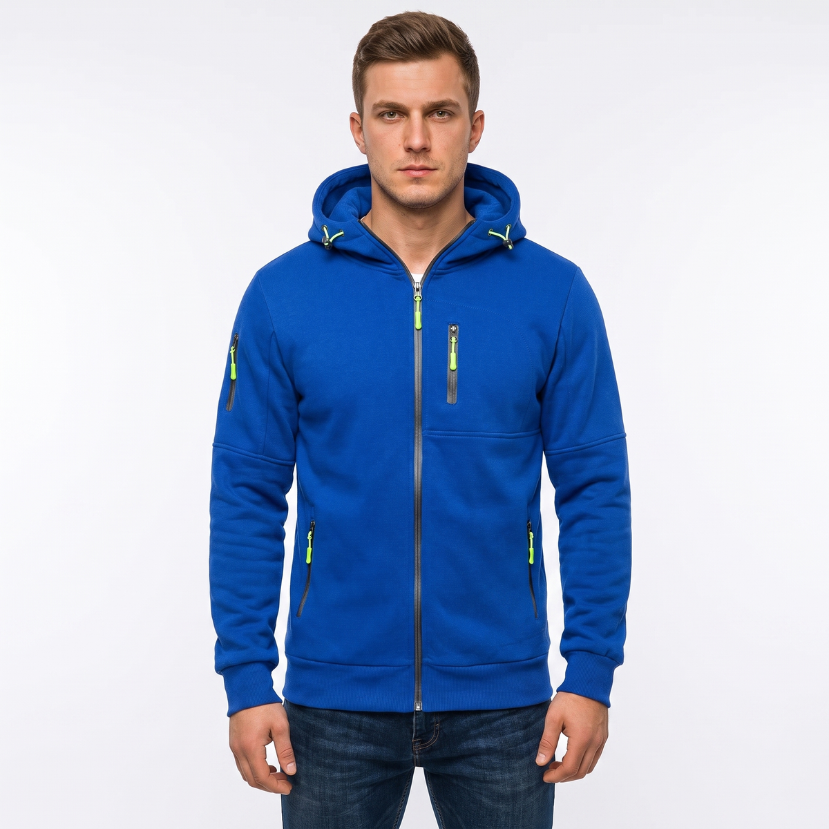 Men's Zip-Up Hoodie Multi Pocket Fleece Athletic Sweatshirt Winter Jacket