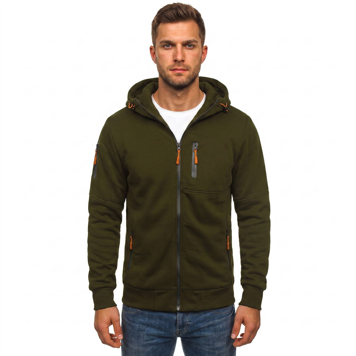 Men's Zip-Up Hoodie Multi Pocket Fleece Athletic Sweatshirt Winter Jacket