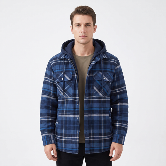 Men's Quilted Lined Plaid Flannel Jacket Hooded Shirt Winter Coat