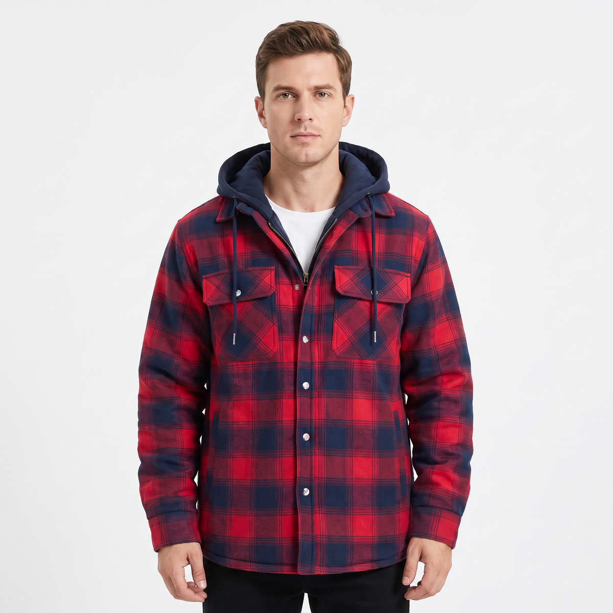 Men's Quilted Lined Plaid Flannel Jacket Hooded Shirt Winter Coat