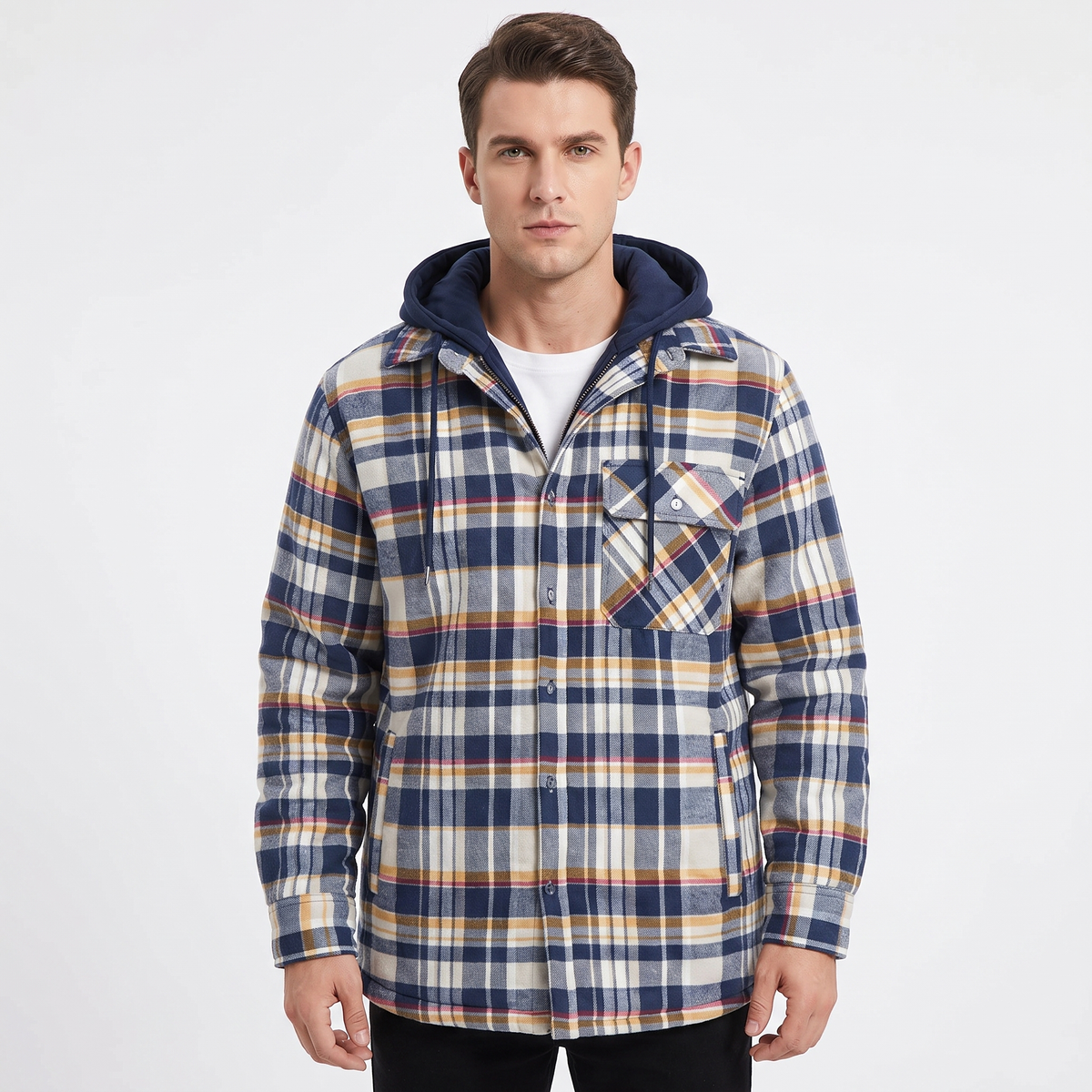 Men's Quilted Lined Plaid Flannel Jacket Hooded Shirt Winter Coat