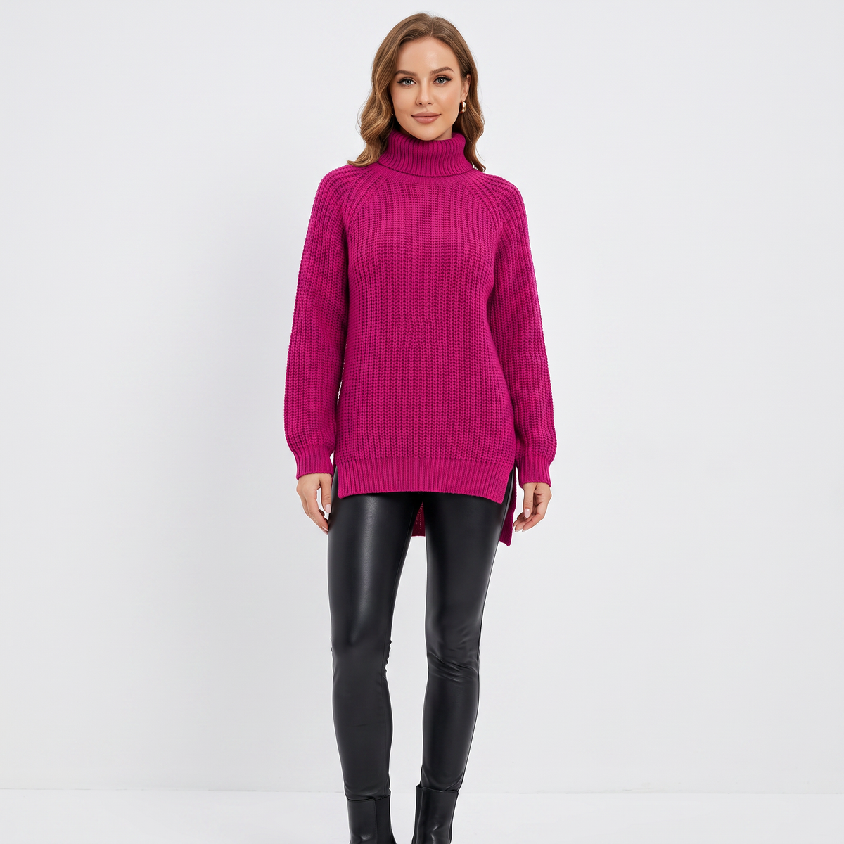 Women's Chunky Turtleneck Sweater Balloon Sleeve Ribbed Knit Pullover
