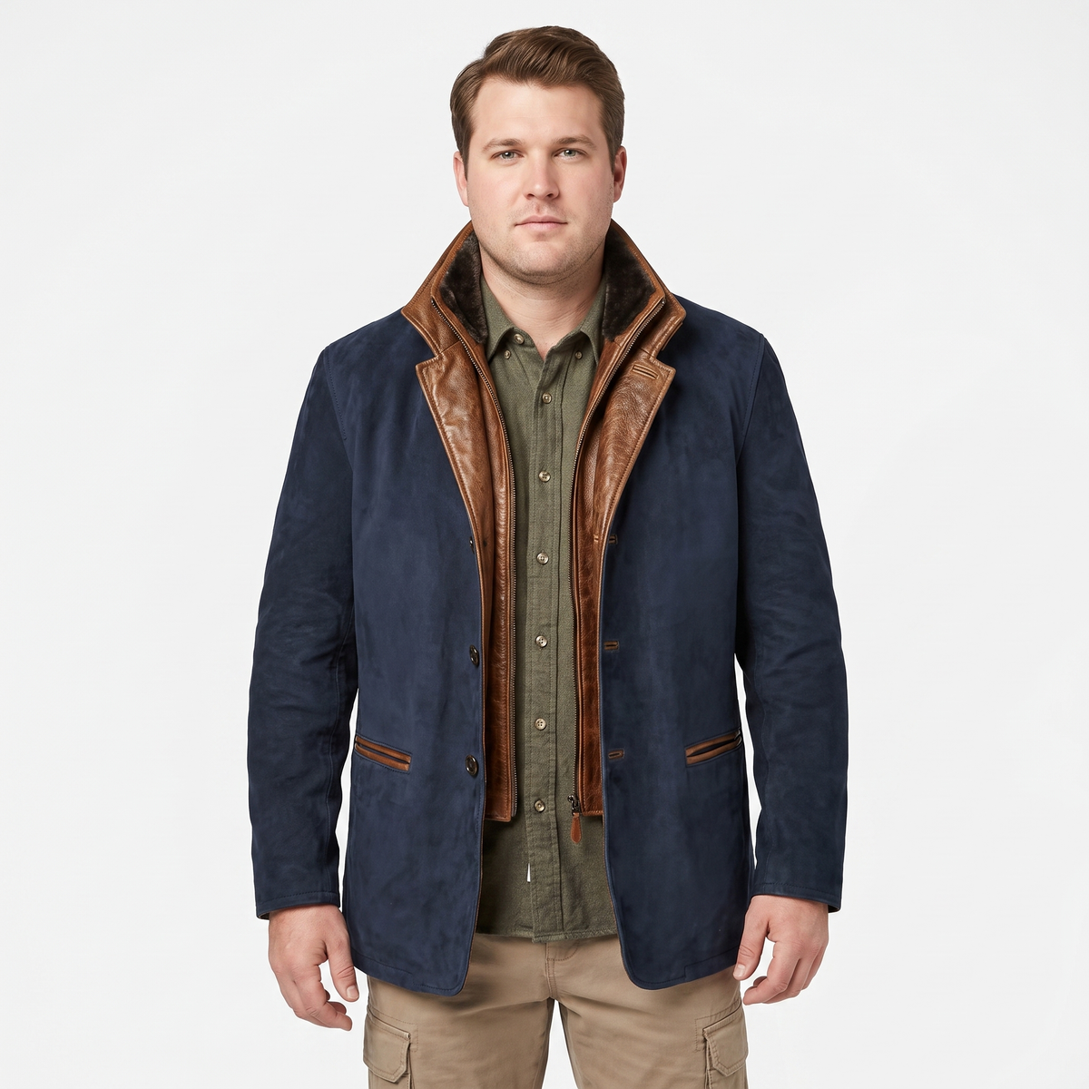 Men's Suede Leather Jacket Contrast Trim Stand Collar Blazer Winter Coat