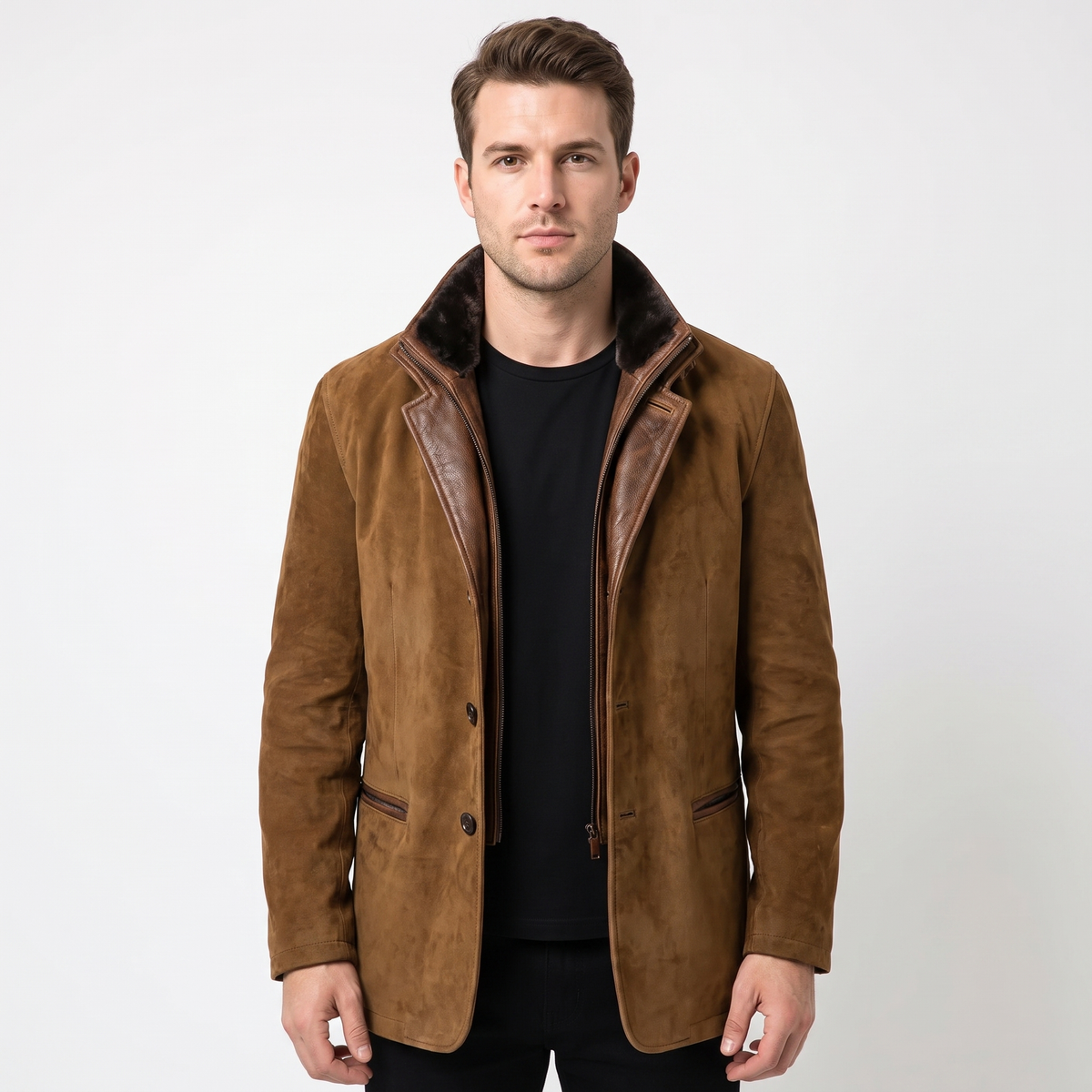 Men's Suede Leather Jacket Contrast Trim Stand Collar Blazer Winter Coat
