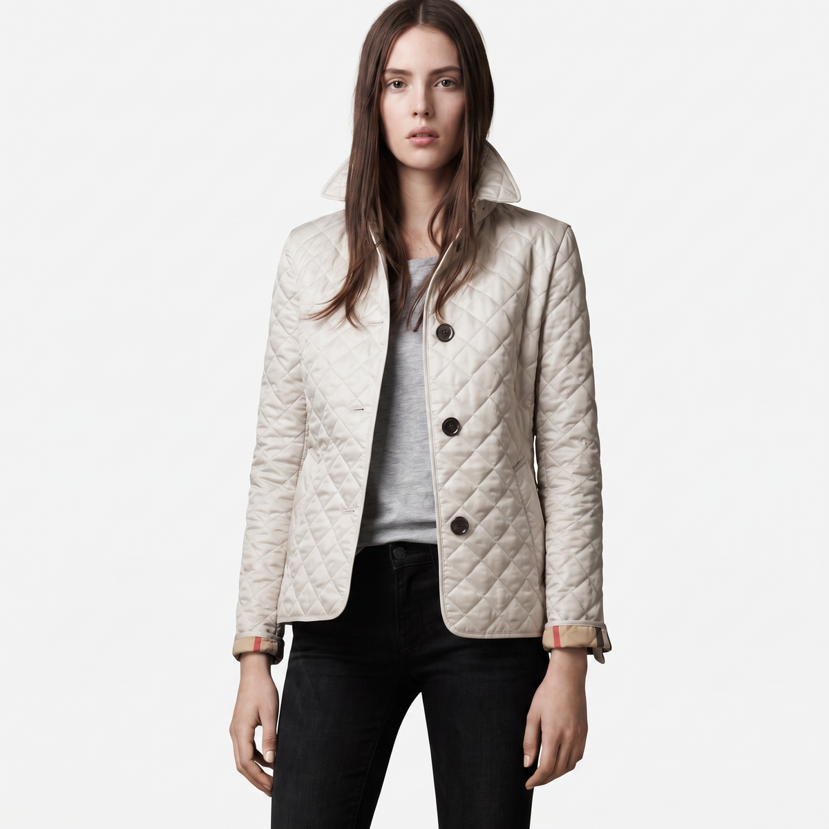 Women's Quilted Jacket Diamond Stitch Stand Collar Fitted Coat