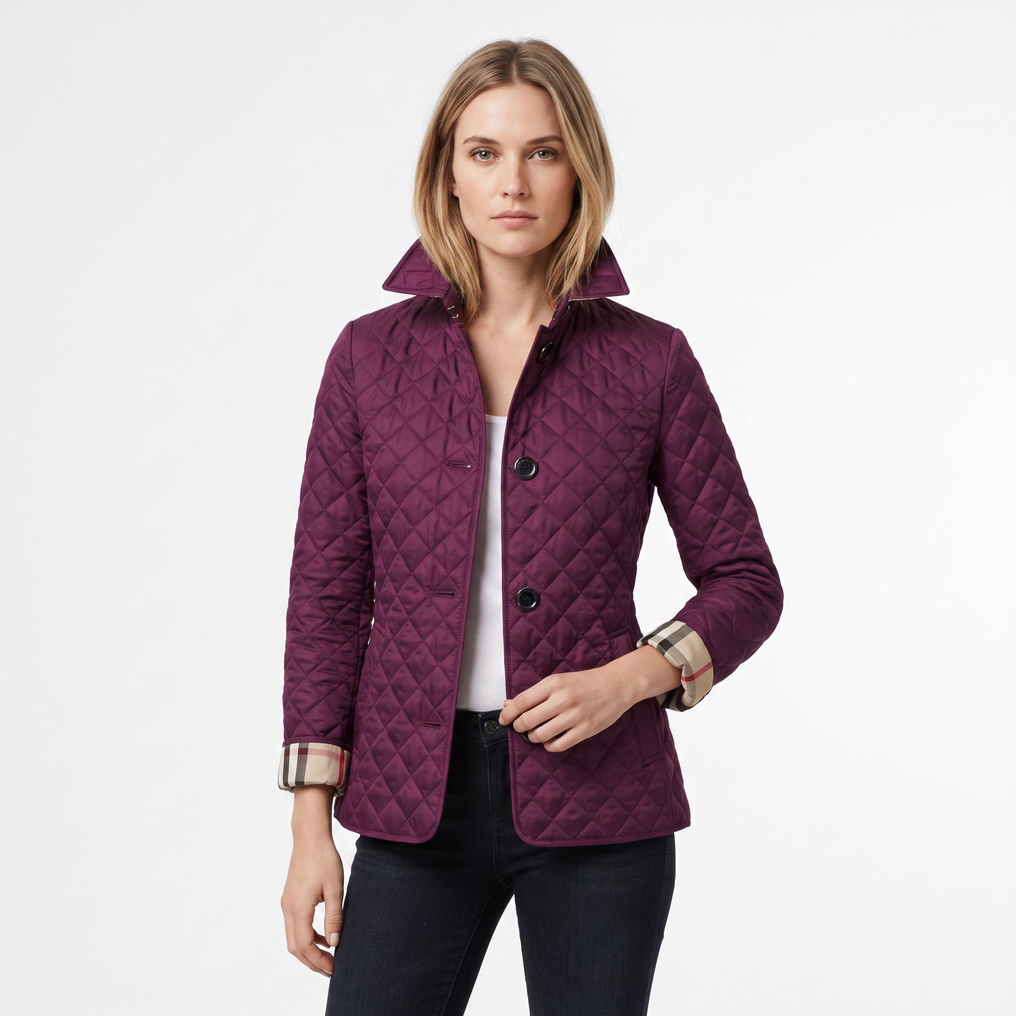 Women's Quilted Jacket Diamond Stitch Stand Collar Fitted Coat