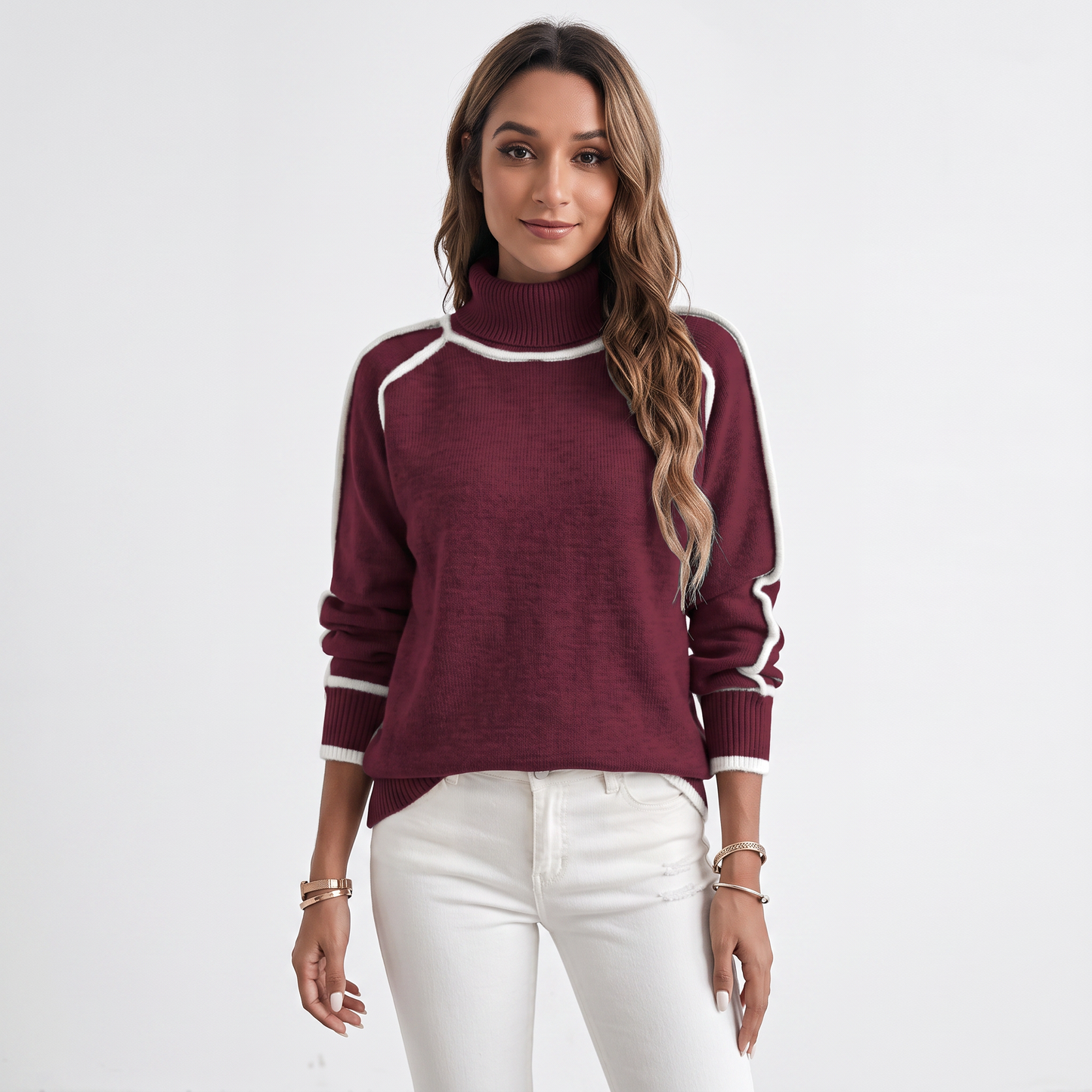 Women's Turtleneck Sweater Contrast Trim Raglan Sleeve Pullover