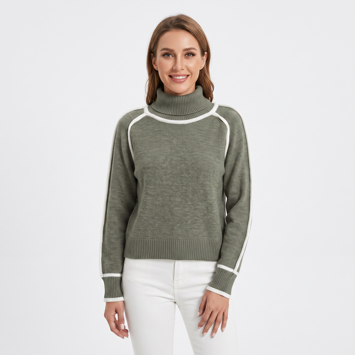 Women's Turtleneck Sweater Contrast Trim Raglan Sleeve Pullover