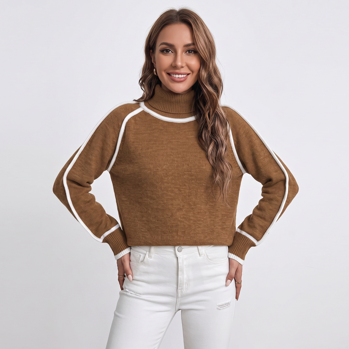 Women's Turtleneck Sweater Contrast Trim Raglan Sleeve Pullover