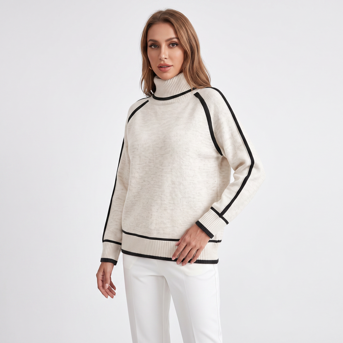 Women's Turtleneck Sweater Contrast Trim Raglan Sleeve Pullover