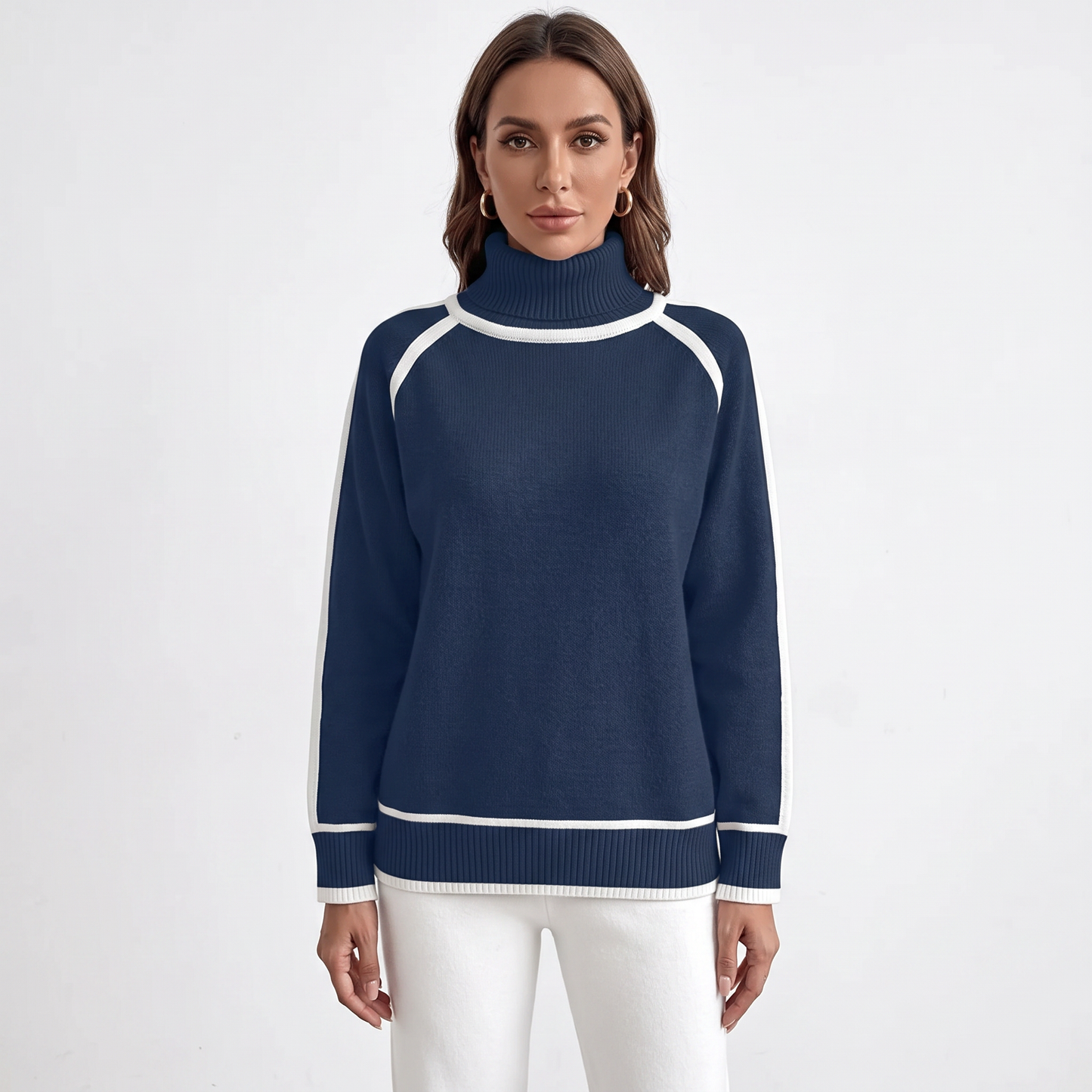 Women's Turtleneck Sweater Contrast Trim Raglan Sleeve Pullover