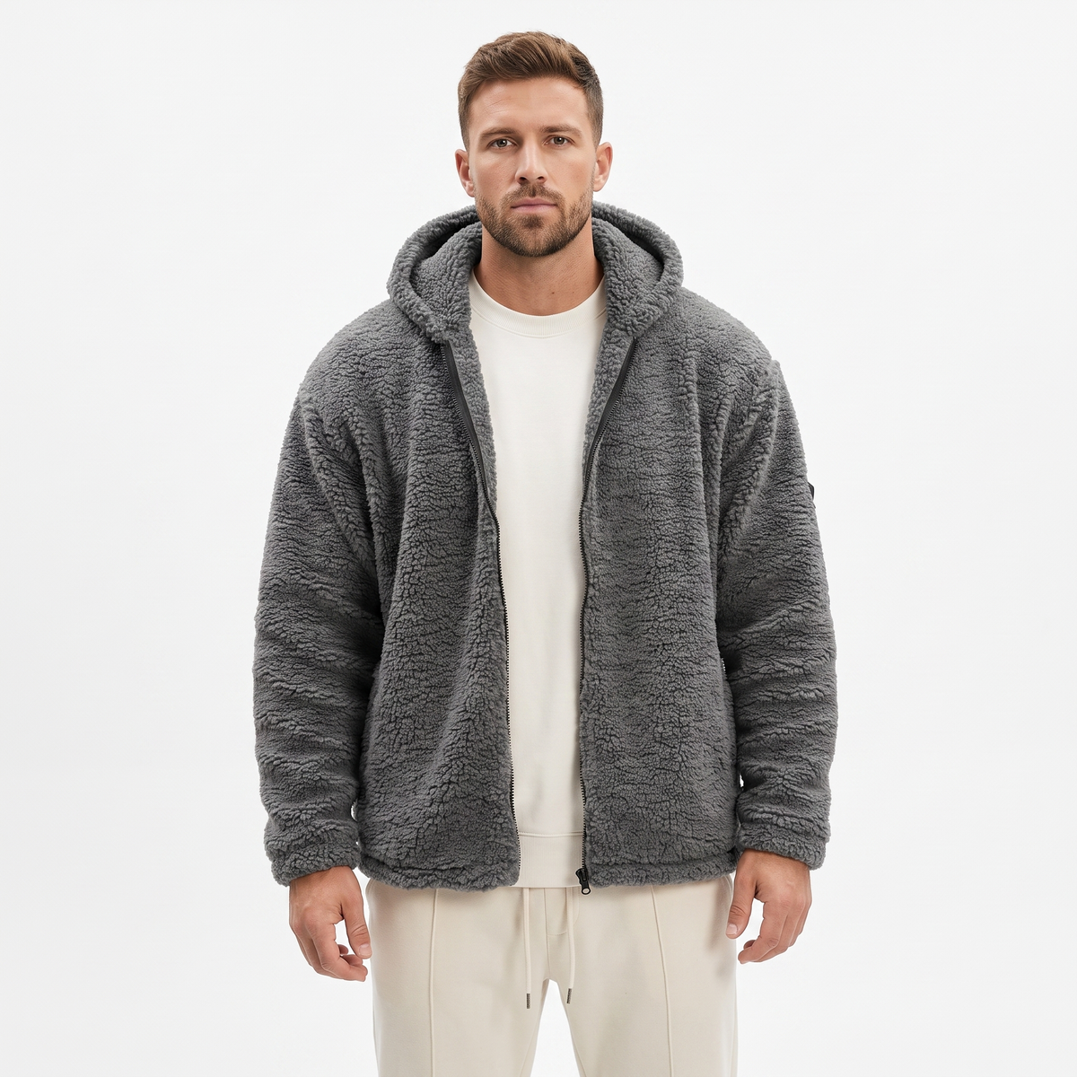 Men's Sherpa Zip-Up Jacket Hooded Fleece Teddy Winter Coat