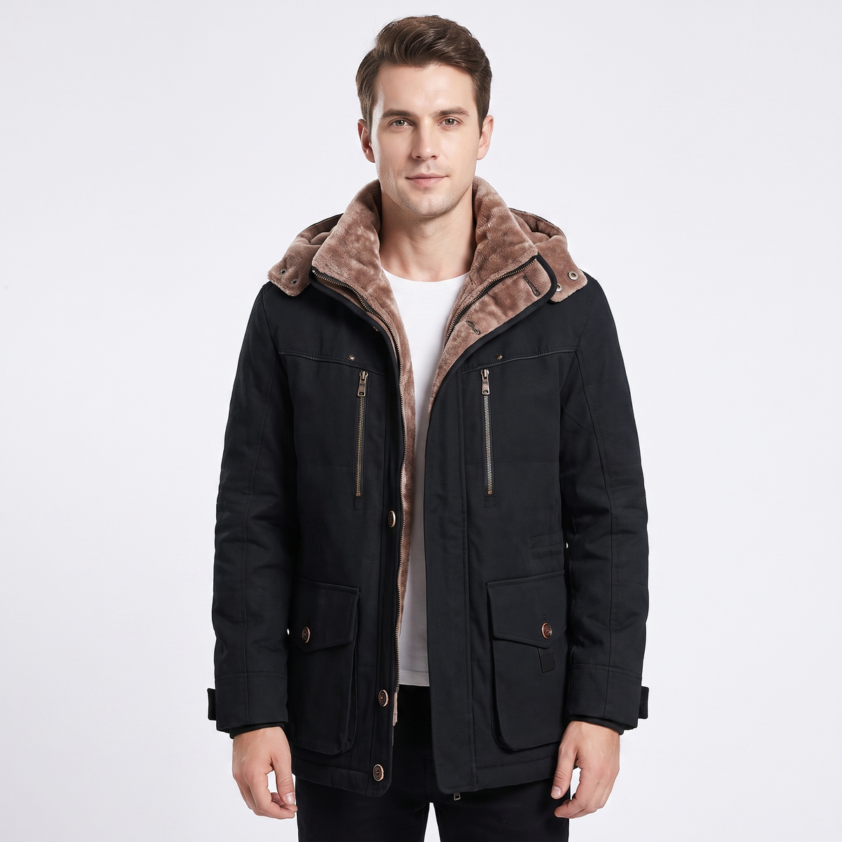 Men's Fleece Lined Parka Hooded Multi Pocket Winter Jacket