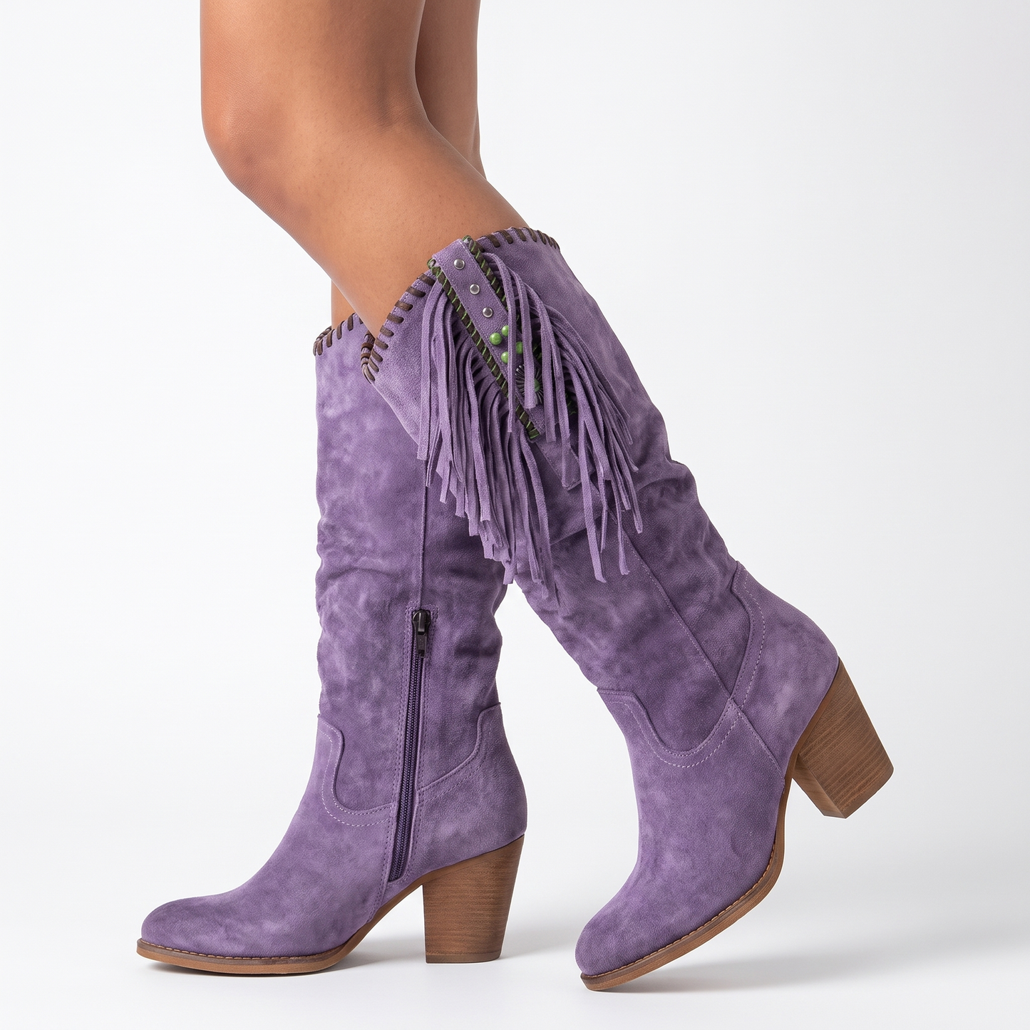 Women's Fringe Knee-High Boots Chunky Block Heel Suede Western Style
