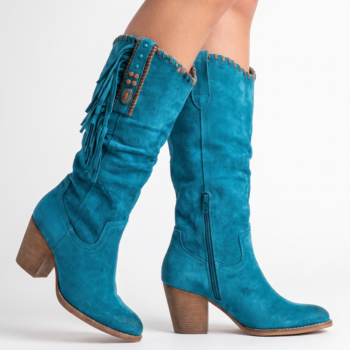 Women's Fringe Knee-High Boots Chunky Block Heel Suede Western Style