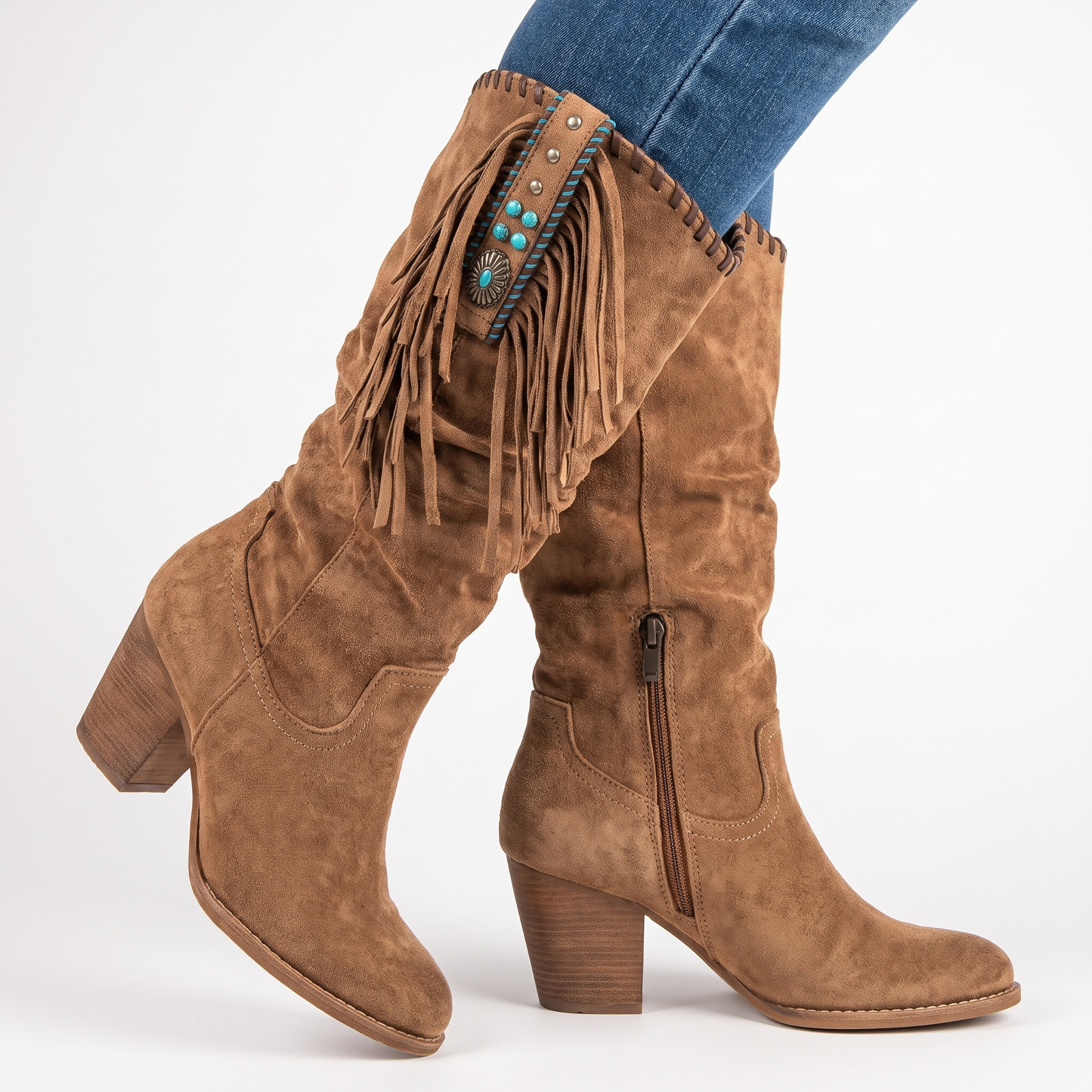 Women's Fringe Knee-High Boots Chunky Block Heel Suede Western Style