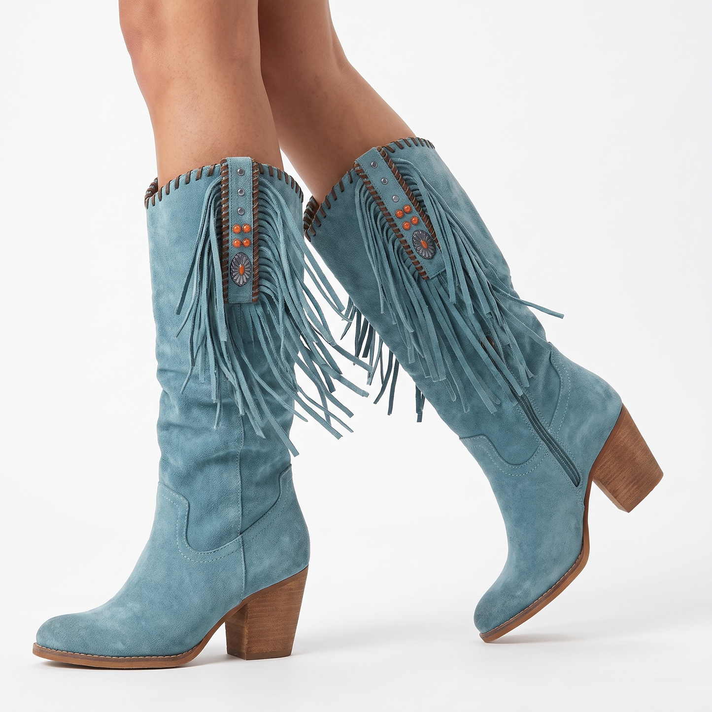 Women's Fringe Knee-High Boots Chunky Block Heel Suede Western Style