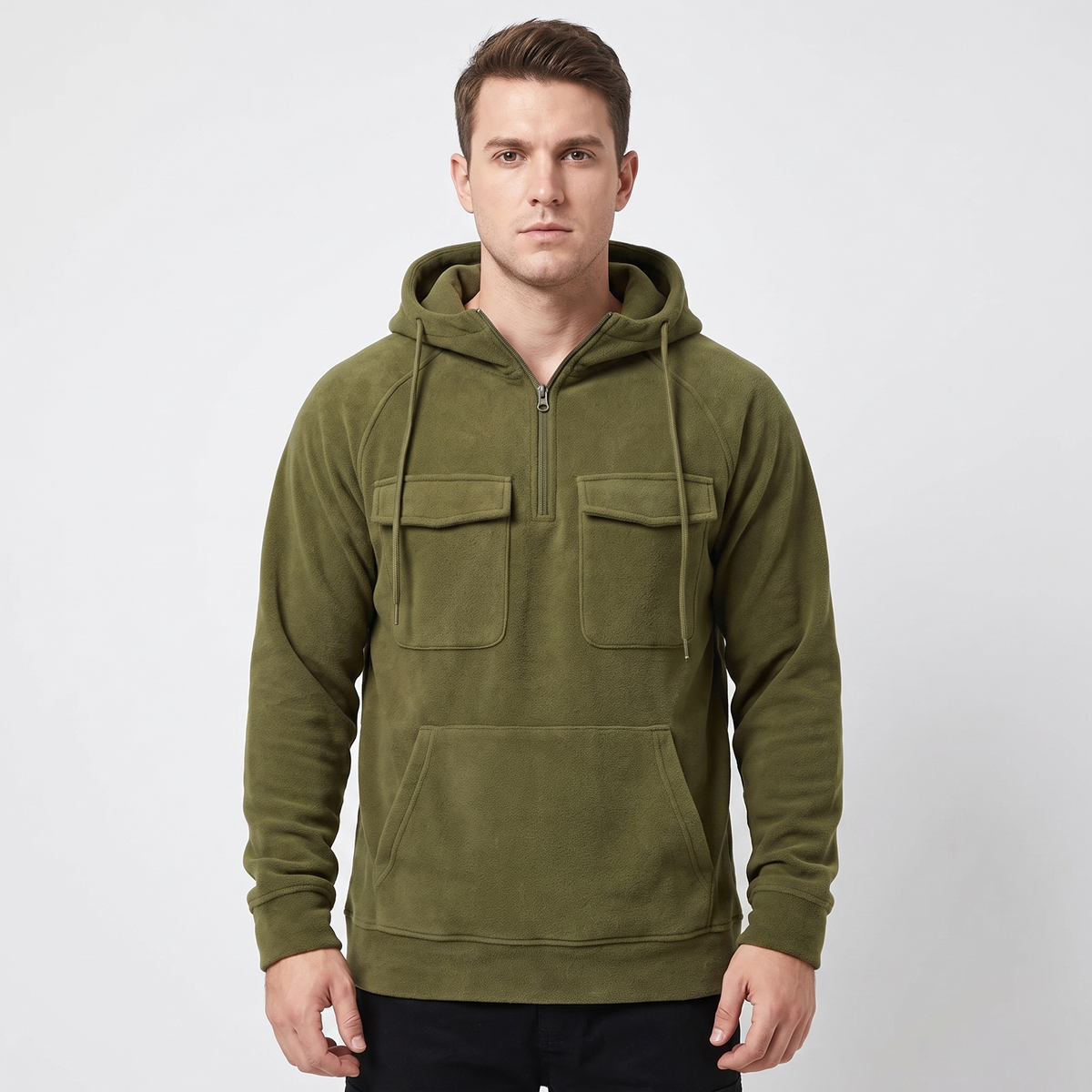 Men's Utility Winter Hoodie Quarter-Zip Fleece Pullover Cargo Pockets