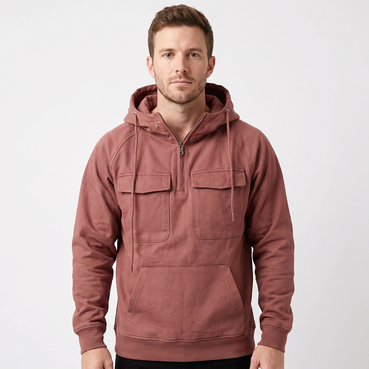 Men's Utility Winter Hoodie Quarter-Zip Fleece Pullover Cargo Pockets