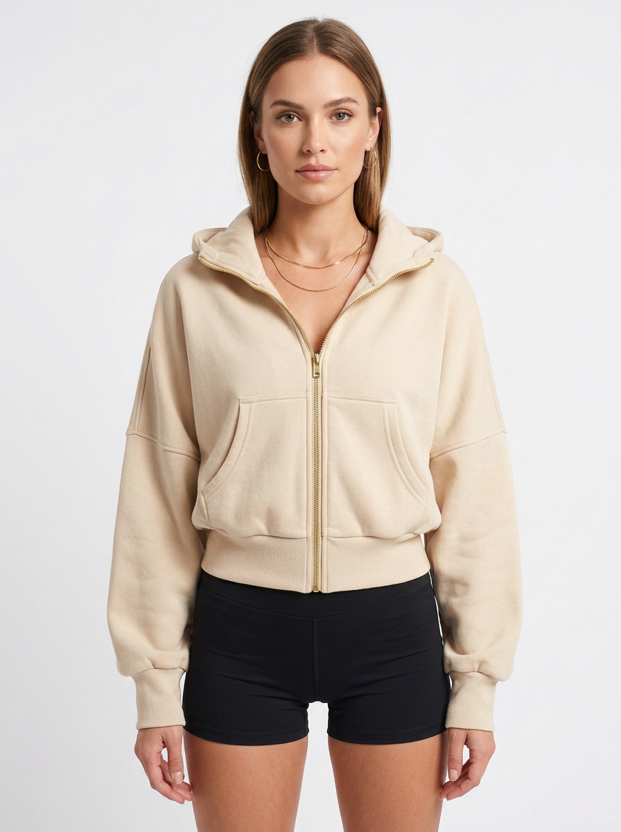 Women's Cropped Zip-Up Hoodie Oversized Fleece Winter Jacket