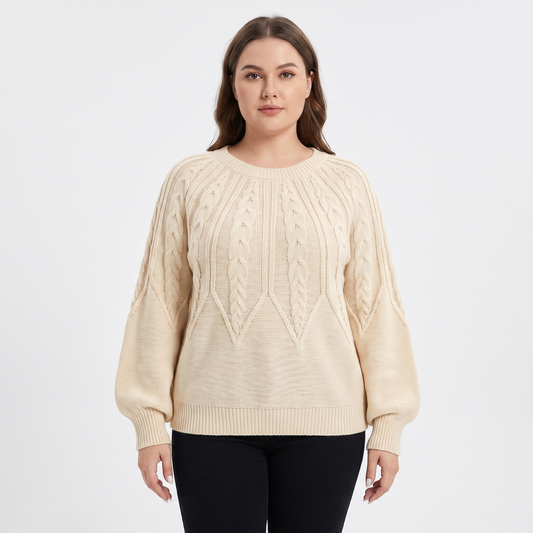 Women's Chunky Cable Knit Sweater Balloon Sleeve Crew Neck Pullover
