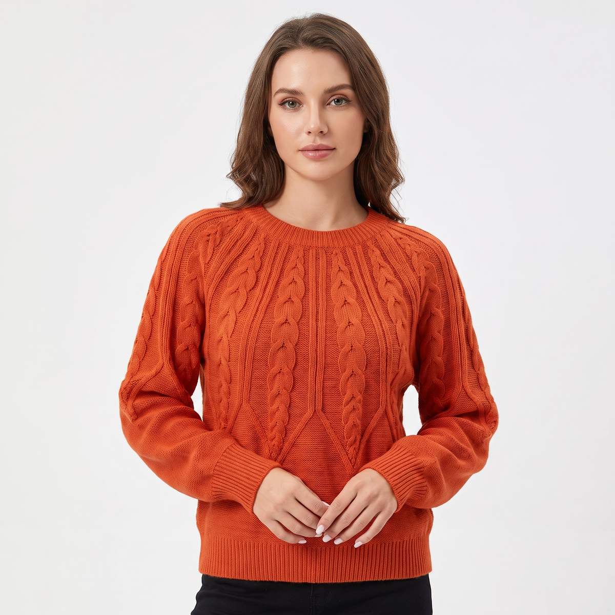 Women's Chunky Cable Knit Sweater Balloon Sleeve Crew Neck Pullover